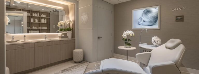 a modern and sleek cosmetic clinic interior in sandy springs, featuring a sophisticated treatment room with elegant decor, illuminated by soft, clinical lighting, emphasizing the rejuvenating experience of botox treatments.