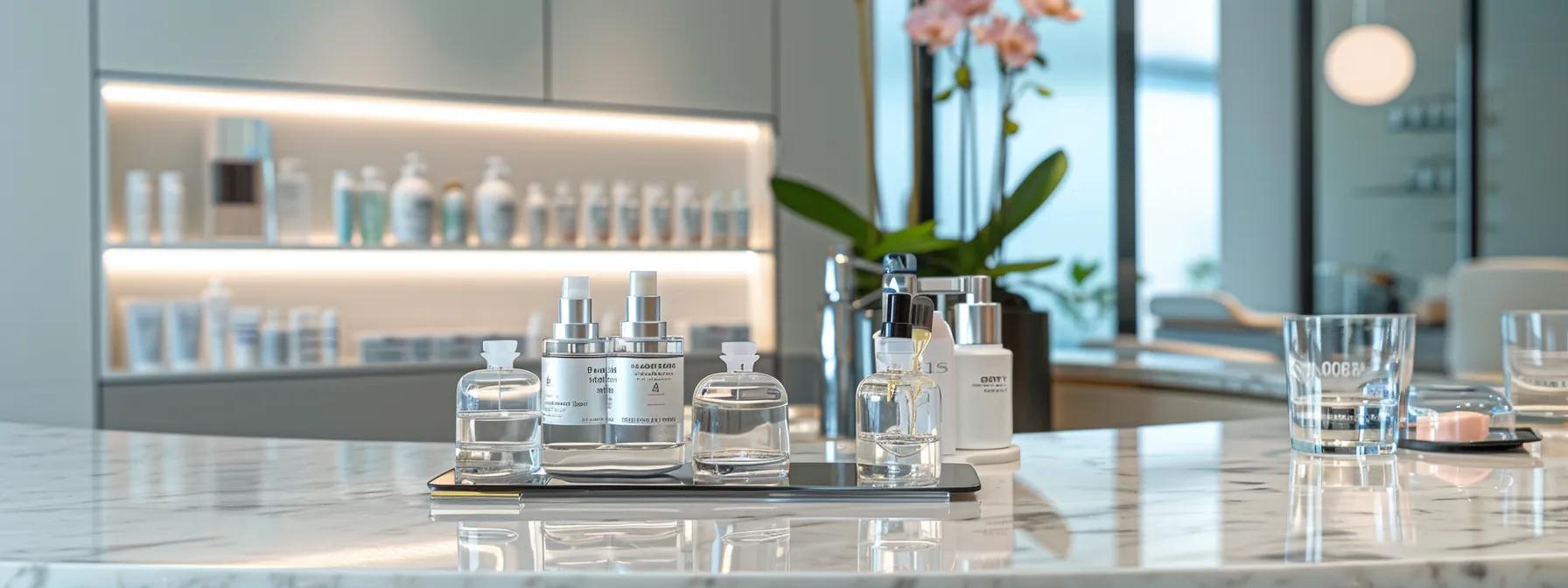 a sleek, modern aesthetic clinic interior features a side-by-side comparison of botox and dermal fillers on a polished marble countertop, with elegant glass vials and sophisticated medical tools artfully arranged under soft, focused lighting.